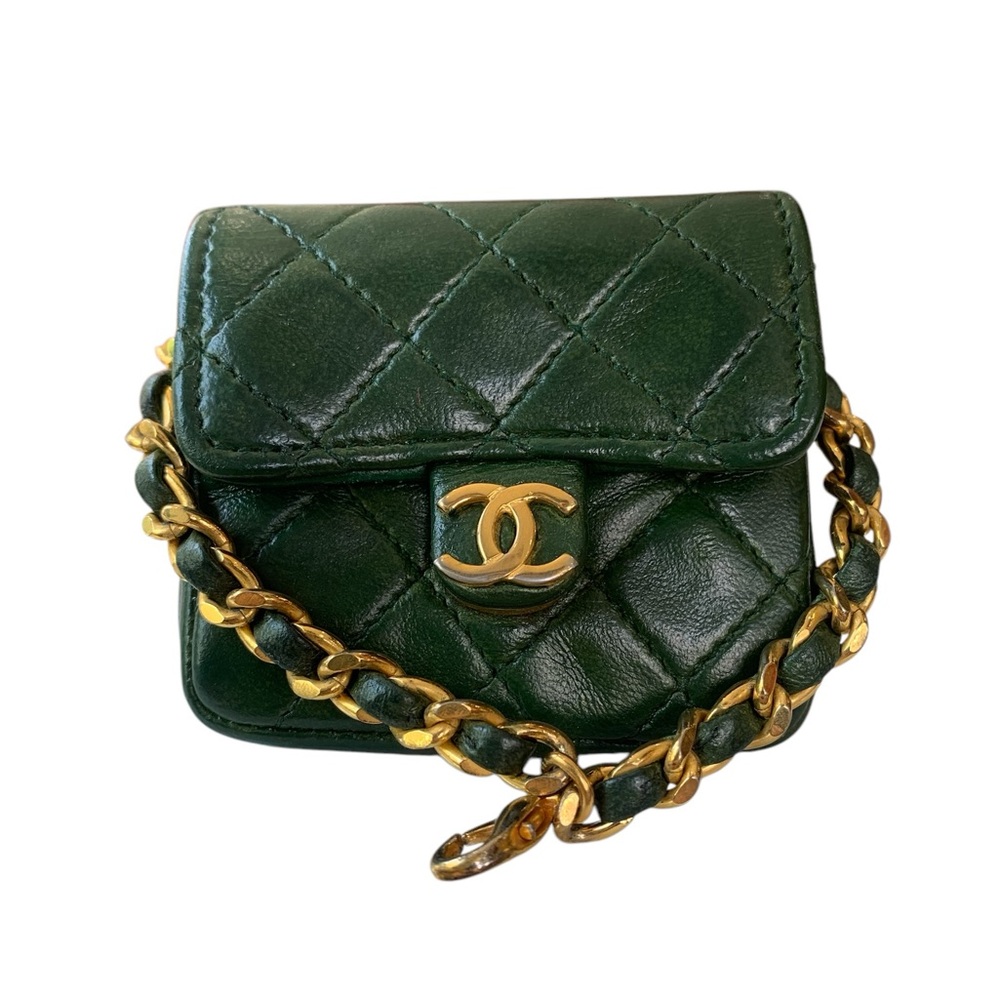 CHANEL Green Quilted Mini Bag with Gold Chain